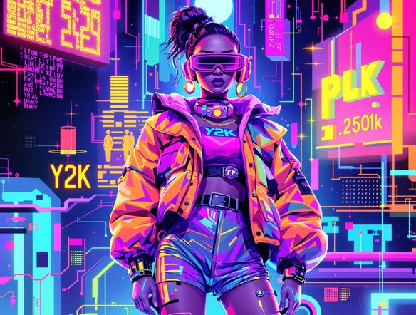 A fashion illustration showcasing futuristic Y2K clothing with holographic details and chunky accessories. Include elements of retro 2000s graphic design in the background, like pixelated fonts and geometric patterns.