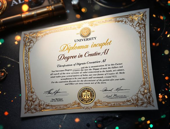 A highly detailed, ornate diploma design. Gold embossed lettering, intricate border, official seal, elegant script font. Awarding a degree in 'Creative AI'. Photorealistic, high resolution.