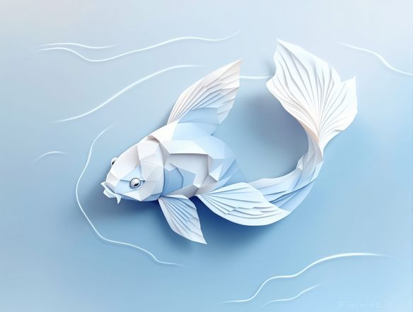 A minimalist papercraft illustration of a serene koi fish, made from pastel blue and white Japanese paper, floating in calm water, soft ambient lighting, clean vector art style.