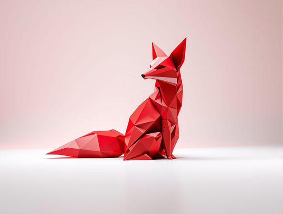 A vibrant, detailed digital origami fox, folded from bright red paper, sitting on a clean white surface, studio lighting, sharp focus, intricate folds.