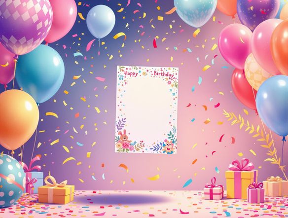 A vibrant birthday party scene with balloons, confetti, and a beautifully designed invitation card floating in the center, rendered in a cheerful, celebratory style.