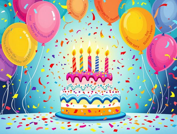 A vibrant and festive birthday invitation design featuring balloons, confetti, and a birthday cake. The invitation should have a modern, playful style with customizable text fields for party details.