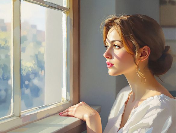 A portrait of a woman looking thoughtfully out a window, bathed in soft, diffused light, using a palette of muted pastels, gentle Impressionist brushwork, reminiscent of Mary Cassatt.