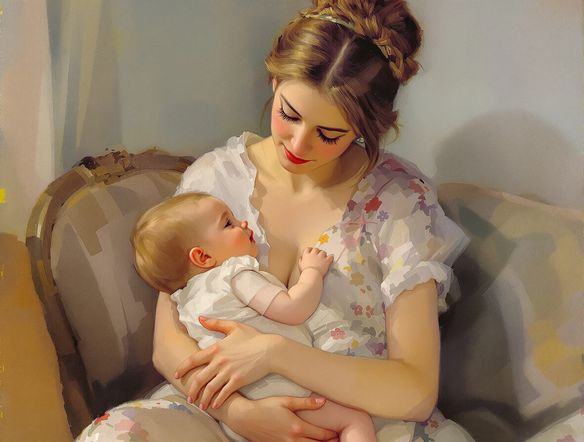 An Impressionist portrait of a mother gently holding her child, soft brushstrokes, warm color palette, intimate atmosphere, in the style of Mary Cassatt.