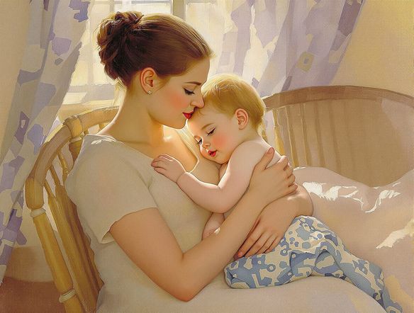 A mother and child in the Impressionist style of Mary Cassatt, soft brushstrokes, warm indoor lighting, intimate domestic scene.