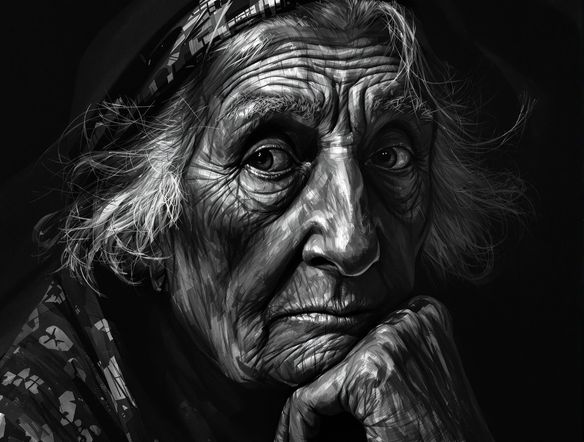 A highly detailed, realistic digital charcoal portrait of a thoughtful elderly woman, dramatic chiaroscuro lighting, visible charcoal texture, artistic masterpiece.