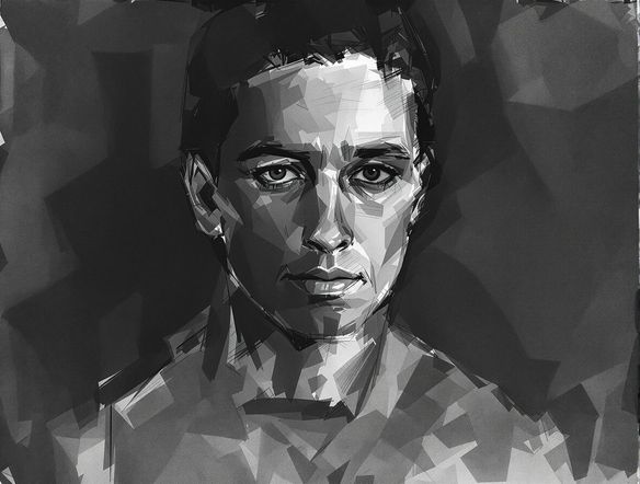 A photorealistic portrait of a person rendered in a dramatic digital charcoal sketch style, with visible texture and smudges, on a textured paper background.