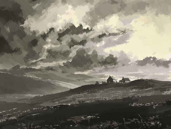 A serene landscape scene transformed into a digital charcoal sketch, showing rolling hills and a distant cottage, soft smudged charcoal texture, high contrast, artistic rendering.