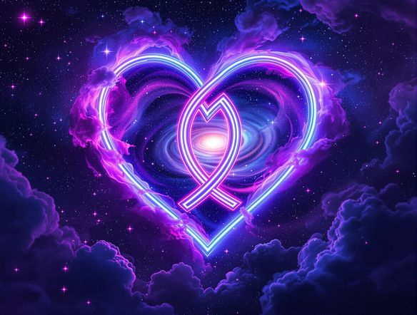 Two initials intertwined in a heart shape, glowing neon, against a backdrop of a vibrant galaxy, digital art.