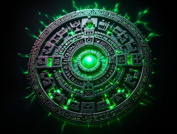 A stylized, high-relief digital sculpture of an Aztec calendar stone, glowing with mystical energy, showcasing intricate carvings and symbolic imagery.