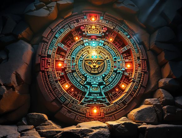 Intricate Aztec Sun Stone AI art, vibrant colors, detailed glyphs, ancient stone texture, glowing mystical aura.