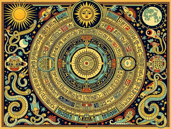 A detailed, vibrant illustration of an ancient Mesoamerican calendar design, featuring glyphs, serpents, and celestial bodies, rendered in a style reminiscent of historical codices.