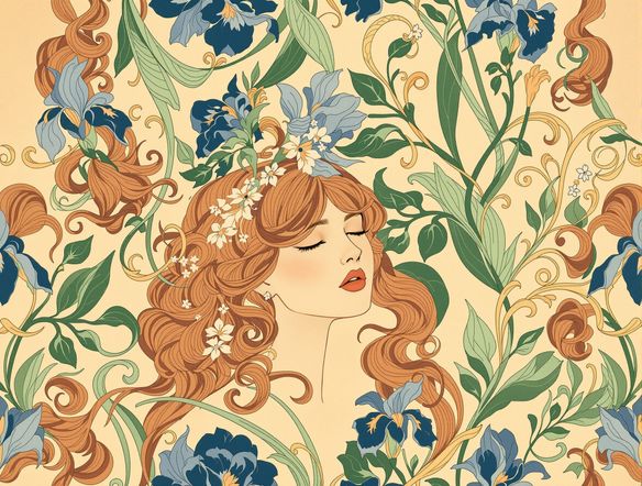 A seamless Art Nouveau pattern featuring swirling vines, blooming irises, and elegant female forms, inspired by Alphonse Mucha, vintage floral patterns AI.