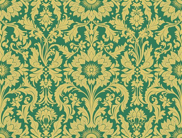 Intricate Art Nouveau pattern with flowing floral motifs, organic curves, and peacock feather elements in a gold and emerald color palette, reminiscent of Mucha's style.