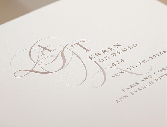 A minimalist wedding logo featuring intertwined initials in a sophisticated serif font, complemented by a delicate sans-serif font for the date, generated using a font pairings generator. Soft, pastel color palette.
