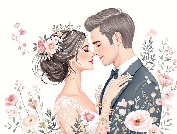 Elegant wedding logo with intertwined floral elements, soft pastel colors, and sophisticated typography, symbolizing love and commitment.