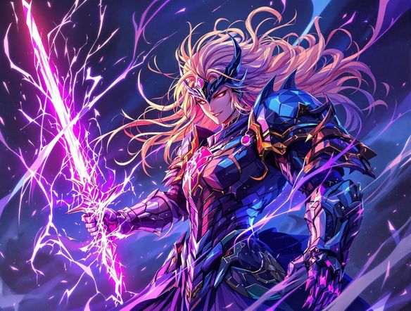 A dynamic anime character wielding a glowing sword in a fantasy setting. Incorporate elements that suggest the use of a 'favicon generator ai' to create a matching icon for the character's website.