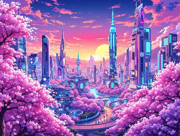 A vibrant anime-style cityscape at sunset, with cherry blossom trees and futuristic buildings. Include a small, stylized icon representing a 'favicon generator free' in the corner.