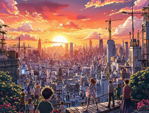 A vibrant anime cityscape at sunset, featuring unique character designs and dynamic action poses, rendered in a popular anime art style.