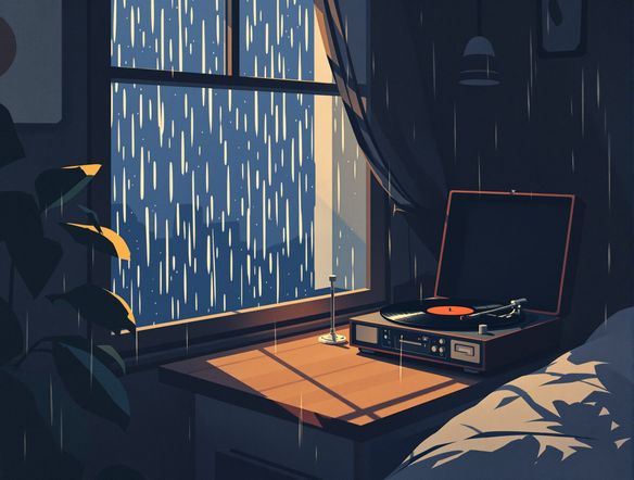 A cozy, dimly lit room with a vintage record player, soft rain outside the window, detailed lofi illustration, warm color palette, subtle grain effect, AI lo-fi art generator.