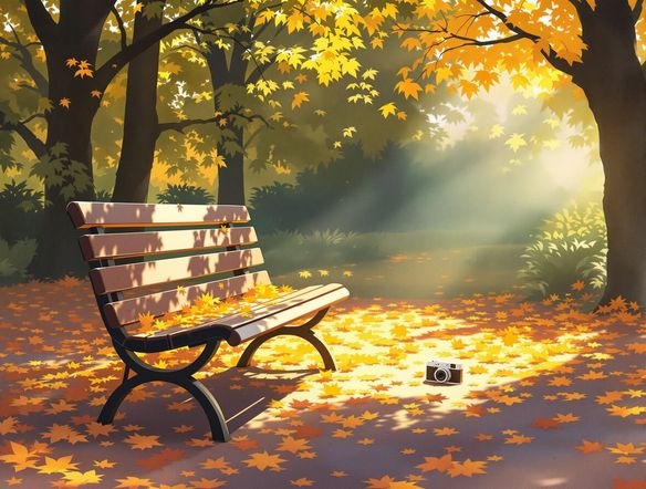 A sun-drenched park bench with fallen leaves, a discarded polaroid camera nearby, hazy afternoon light, chill vibes illustration AI, nostalgic art generator, soft focus, muted color tones.