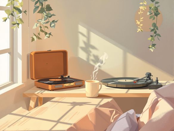 Cozy minimalist room with a steaming mug on a wooden desk, soft pastel colors, gentle sunlight, and a vinyl record player playing softly, embodying a peaceful lo-fi aesthetic.