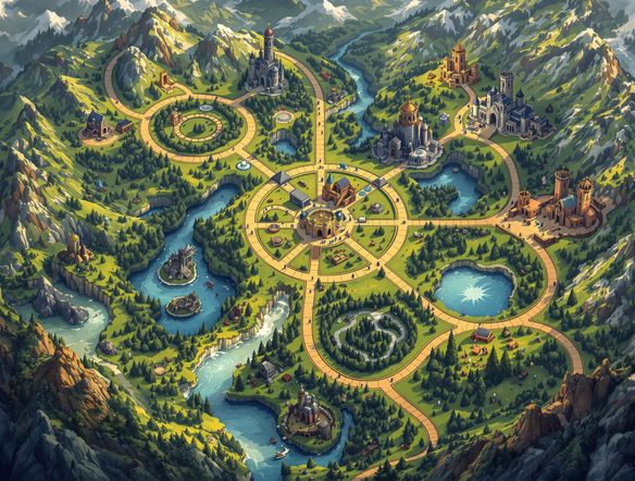 A vibrant, overhead view of a fantasy-themed game board generated by AI, showcasing intricate details and a captivating layout. The scene should evoke a sense of adventure and strategic gameplay.