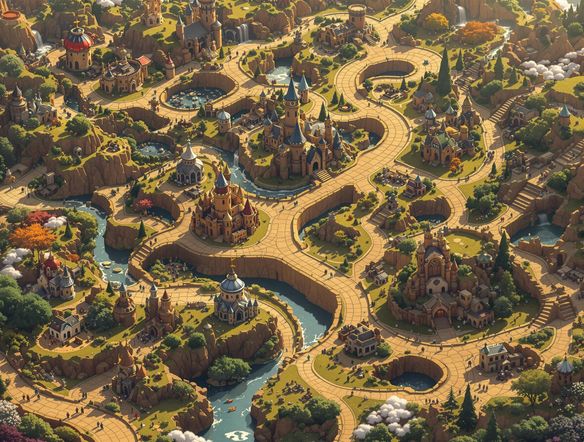 A close-up shot of a beautifully designed board game path, generated by AI, featuring winding roads, detailed textures, and captivating landmarks. The image should highlight the path's complexity and visual appeal.
