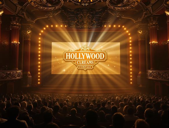 A grand movie logo reveal, cinematic lighting, golden age of Hollywood, displayed on a vintage movie screen in a packed theater, highly detailed.