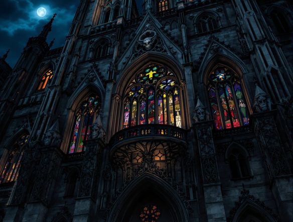 Intricate Gothic Revival facade with pointed arches, stained glass windows, and gargoyles, bathed in dramatic moonlight, digital art.