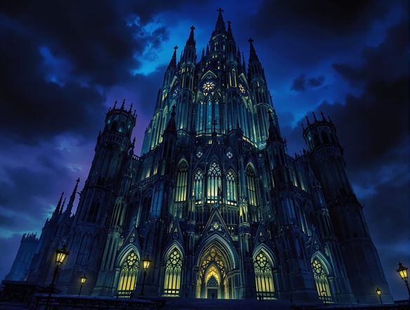 A towering neo-gothic cathedral at twilight, intricate stonework, dramatic lighting, Victorian gothic art style, vast scale, generating awe.