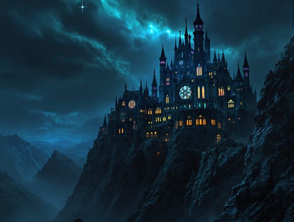 A dark fantasy castle perched on a cliff, illuminated by glowing gothic stained glass windows, moody atmosphere, dramatic shadows, AI generated architecture.