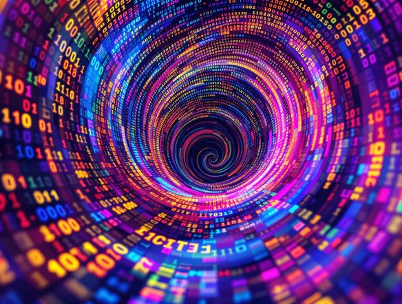 Abstract art featuring a swirling vortex of vibrant hex codes, each radiating a unique color. Emphasize the flow and interconnectedness of the colors, creating a sense of limitless possibilities. Use a digital painting style.