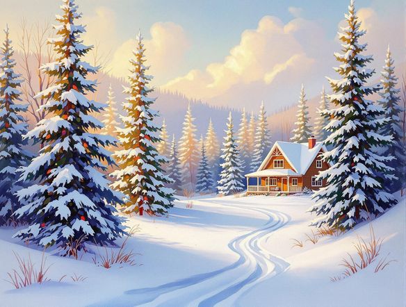 A festive holiday ecard featuring a cozy winter scene with snow-covered trees and a warm, inviting cabin. Style: Impressionist painting.