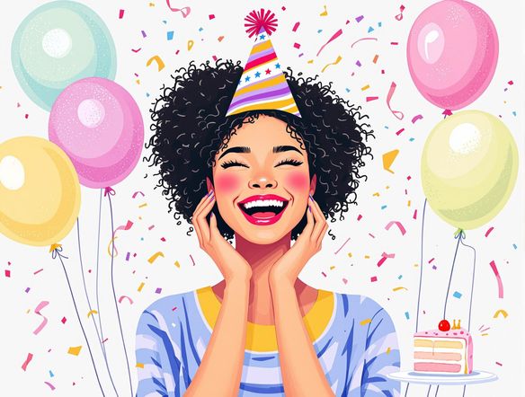 A vibrant and cheerful ecard design for a birthday, featuring balloons, confetti, and a slice of cake. Style: colorful digital illustration.