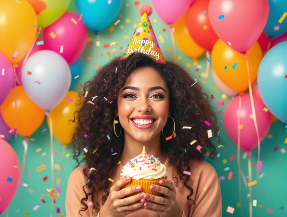 A vibrant ecard featuring colorful balloons and confetti, with 'Happy Birthday' elegantly displayed in a modern font, digital art.