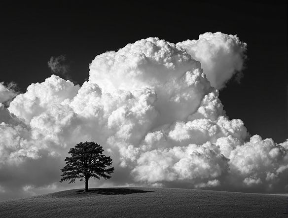 High-contrast black and white photograph of a lone tree on a hilltop, dramatic sky, minimalist composition, photorealistic.