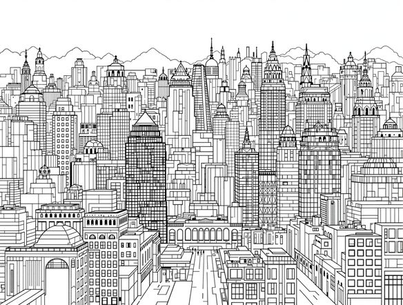 A detailed black and white outline of a cityscape, featuring iconic buildings and landmarks. The outline should be clean and precise, suitable for use as a coloring page or architectural illustration. Use fine lines to capture intricate details.