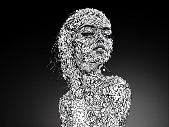 A high-contrast black and white portrait of a woman with intricate details, converted into a stylized photo outline. Use sharp lines and dramatic shadows to enhance the image's intensity. The background should be a gradient from dark gray to light gray.