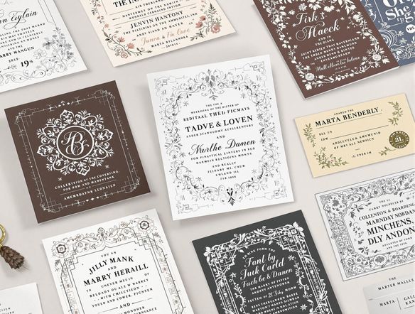 A collage showcasing various wedding invitation designs, each featuring a different AI-generated font. Styles range from traditional to contemporary. Include elements like monograms, floral patterns, and elegant borders. Showcase the versatility of the font generator.