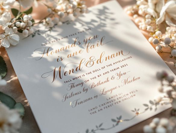 Close-up of a wedding invitation featuring a flowing, elegant cursive font. Soft, romantic lighting with floral accents and delicate paper texture. Focus on the intricate details of the font design. Pastel color palette.