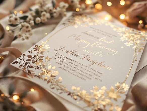 Elegant wedding invitation with intertwined gold floral designs, calligraphy font, soft lighting, romantic ambiance.