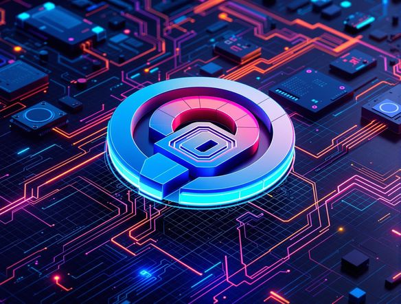 A futuristic 3D logo with vibrant colors and dynamic shapes, floating in a high-tech digital space, showcasing innovation and creativity.