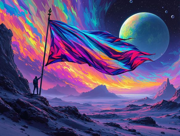 Design a striking card featuring a fictional flag blowing in the wind on an alien planet. Use a dramatic, cinematic style with otherworldly colors and textures. Include a sense of adventure and exploration.