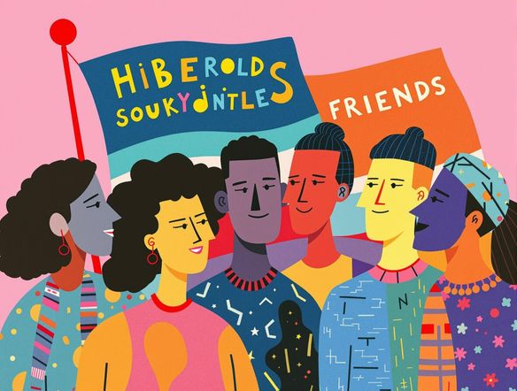 A vibrant greeting card design featuring a custom-designed flag waving gently in the background, celebrating friendship. Use bright colors and a cheerful, modern style. Focus on inclusivity.