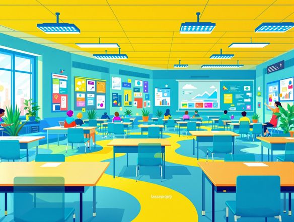 A vibrant infographic showcasing a classroom layout created by AI. The style is clean and modern, with colorful icons representing student desks and pathways. The layout demonstrates an optimized learning environment.