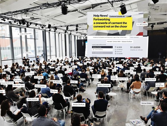 A dynamic infographic showcasing conference seating arrangements generated by AI. The style is professional and sleek, with clear labels and a visually appealing color scheme. The layout is optimized for networking and collaboration.