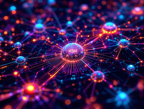 A vibrant infographic design featuring interconnected nodes and data points, illuminated by glowing lines, symbolizing data connections and insights.