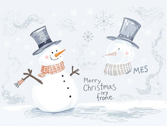 A close-up of a Christmas card featuring a snowman drawn in a playful, messy handwriting font. Snowflakes gently fall in the background, creating a whimsical and heartwarming holiday scene.