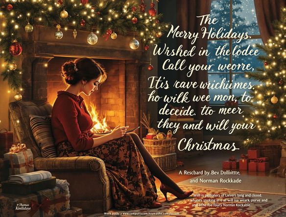 Festive Christmas card design with a cozy fireplace scene, decorated with ornaments and a cheerful message in a warm, handwritten font.